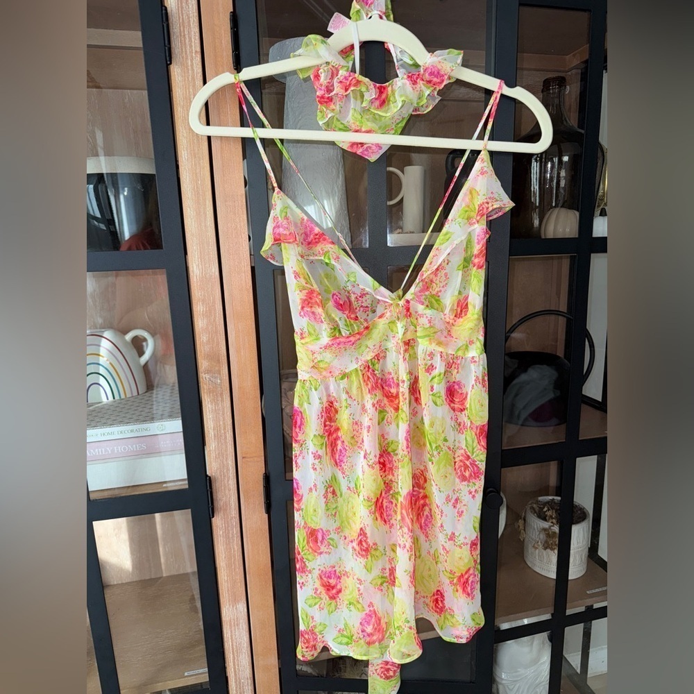 Victoria’s Secret Lingerie set babydoll mini dress thong floral chiffon sheer